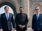 Marco Rubio India visit LIVE: US Secretary of State Marco Rubio (L) poses for a photo with Maharashtra Chief Minister Devendra Fadnavis (C) and US Ambassador to India Sergio Gor at the Gateway of India in Mumbai on October 20, 2026.(AFP)