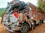 Wreckage of a truck after it ploughed into several devotees before crashing into a temple's entry gate, in Gwalior, Madhya Pradesh.