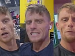 Screenshots of the viral video of the Wisconsin Planet Fitness customer alleging he was asked to take off jacket supporting ICE.