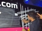 The windowpane of a bus being fixed after a stone struck it near Doraha in Ludhinaa district on Sunday night.