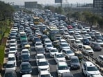 A massive traffic jam is seen over NH24 near Sarai Kale Khan in New Delhi, India,