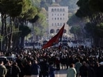 Protesters gather during clashes at an anti-government demonstration in Tirana, Albania, Sunday, Oct. 18, 2026. (AP Photo/Hameraldi Agolli)
