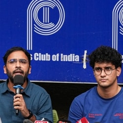 Cockroach Janta Party (CJP) co-conveners Saurav Das and Ashutosh Ranka during a press conference in New Delhi.