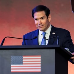 US Secretary of State Marco Rubio speaks during a Freedom 250 reception at the Jio World Convention Centre in Mumbai, India, October 20, 2026. REUTERS/Kylie Cooper/Pool