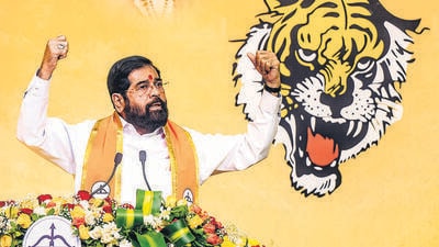 Eknath Shinde speaks during the Shiv Sena’s annual Dusshera rally at NESCO on Tuesday (Satish Bate/Hindustan Times) Eknath Shinde speaks during the Shiv Sena’s annual Dusshera rally at NESCO on Tuesday (Satish Bate/Hindustan Times)