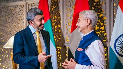 External affairs minister S Jaishankar interacts with UAE foreign minister Sheikh Abdullah bin Zayed Al Nahyan upon his arrival in India, in Mumbai (@DrSJaishankar X)