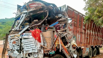 Wreckage of a truck after it ploughed into several devotees before crashing into a temple's entry gate, in Gwalior, Madhya Pradesh. (PTI)