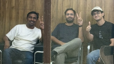 In this image posted on Oct. 14, 2026, Cockroach Janata Party (CJP) National Organisation In-charge Ajinkya Shinde along with CJP Co-Conveners Ashutosh Ranka and Saurav Das inside the Parliament Street Police Station, in New Delhi. (@abhijeet_dipke) In this image posted on Oct. 14, 2026, Cockroach Janata Party (CJP) National Organisation In-charge Ajinkya Shinde along with CJP Co-Conveners Ashutosh Ranka and Saurav Das inside the Parliament Street Police Station, in New Delhi. (@abhijeet_dipke)