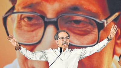 Speaking at his party’s Dussehra rally at Shivaji Park, the Shiv Sena (UBT) chief also criticised the BJP for “stealing votes and attacking constitutional institutions”. (Raju Shinde/HT Photo) Speaking at his party’s Dussehra rally at Shivaji Park, the Shiv Sena (UBT) chief also criticised the BJP for “stealing votes and attacking constitutional institutions”. (Raju Shinde/HT Photo)