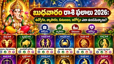 బుధవారం రాశి ఫలాలు 2026: ఉద్యోగం, వ్యాపారం, కుటుంబం, ఆరోగ్యం ఎలా ఉండనున్నాయి? (AI) బుధవారం రాశి ఫలాలు 2026: ఉద్యోగం, వ్యాపారం, కుటుంబం, ఆరోగ్యం ఎలా ఉండనున్నాయి? (AI)