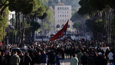 Protesters gather during clashes at an anti-government demonstration in Tirana, Albania, Sunday, Oct. 18, 2026. (AP Photo/Hameraldi Agolli) Protesters gather during clashes at an anti-government demonstration in Tirana, Albania, Sunday, Oct. 18, 2026. (AP Photo/Hameraldi Agolli)