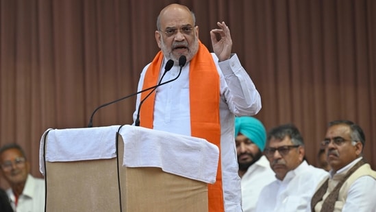 Minister of Home Affairs of India Amit Shah addressing the gathering in Ludhiana on Tuesday.