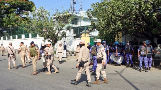 Security higentens outside the residence of Manipur Chief Minister Yumnam Khemchand Singh amid protests (Vishma Ahanthem/ANI)