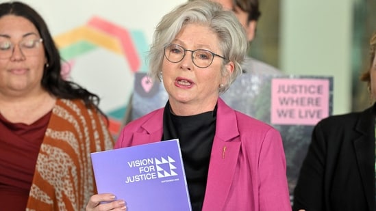 Independent member for Indi Helen Haines speaks at a press conference alongside frontline community legal workers at Parliament House in Canberra, Australia, October 14, 2026. 