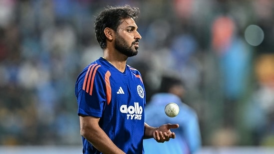 India's Bhuvneshwar Kumar warms up before the start of the fifth T20 international cricket match between India and West Indies at the M Chinnaswamy Stadium in Bengaluru on October 17, 2026