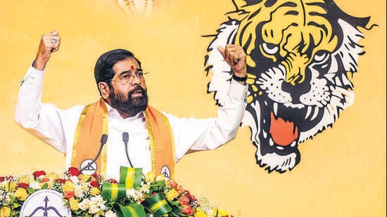 Eknath Shinde speaks during the Shiv Sena’s annual Dusshera rally at NESCO on Tuesday (Satish Bate/Hindustan Times)