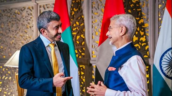 External affairs minister S Jaishankar interacts with UAE foreign minister Sheikh Abdullah bin Zayed Al Nahyan upon his arrival in India, in Mumbai (@DrSJaishankar X)
