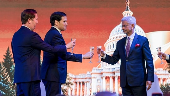US Secretary of State Marco Rubio (C) and US Ambassador to India Sergio Gor (L) raise a toast with India's Foreign Minister Subrahmanyam Jaishankar during the Freedom 250 reception at the Jio World Convention Centre in Mumbai on October 20, 2026. (Photo by Kylie Cooper / POOL / AFP)