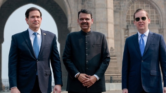 Marco Rubio India visit LIVE: US Secretary of State Marco Rubio (L) poses for a photo with Maharashtra Chief Minister Devendra Fadnavis (C) and US Ambassador to India Sergio Gor at the Gateway of India in Mumbai on October 20, 2026. Marco Rubio India visit LIVE: US Secretary of State Marco Rubio (L) poses for a photo with Maharashtra Chief Minister Devendra Fadnavis (C) and US Ambassador to India Sergio Gor at the Gateway of India in Mumbai on October 20, 2026.