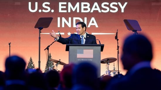 U.S. Secretary of State Marco Rubio speaks during a Freedom 250 reception at the Jio World Convention Centre in Mumbai, India, Tuesday, Oct. 20.(Kylie Cooper/POOL Reuters via A)