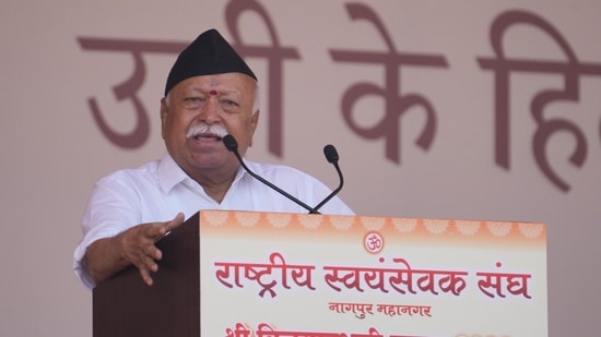 RSS Sarsanghchalak Mohan Bhagwat addresses the 'RSS Vijayadashami Utsav', in Nagpur, Maharashtra.