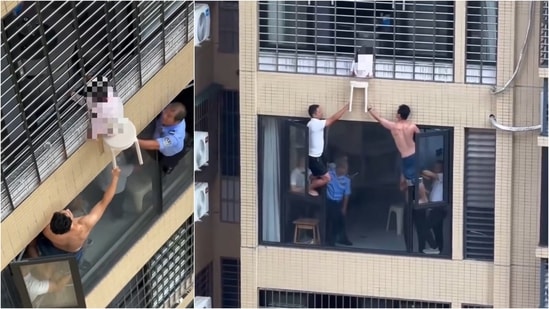 A toddler narrowly escaped a fall from a 12th-floor apartment in China after neighbours and firefighters rushed to her rescue.