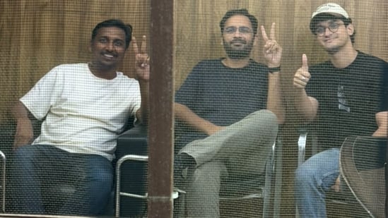 CJP National Organisation In-charge Ajinkya Shinde along with CJP Co-Conveners Ashutosh Ranka and Saurav Das inside the Parliament Street Police Station, in New Delhi. CJP National Organisation In-charge Ajinkya Shinde along with CJP Co-Conveners Ashutosh Ranka and Saurav Das inside the Parliament Street Police Station, in New Delhi.