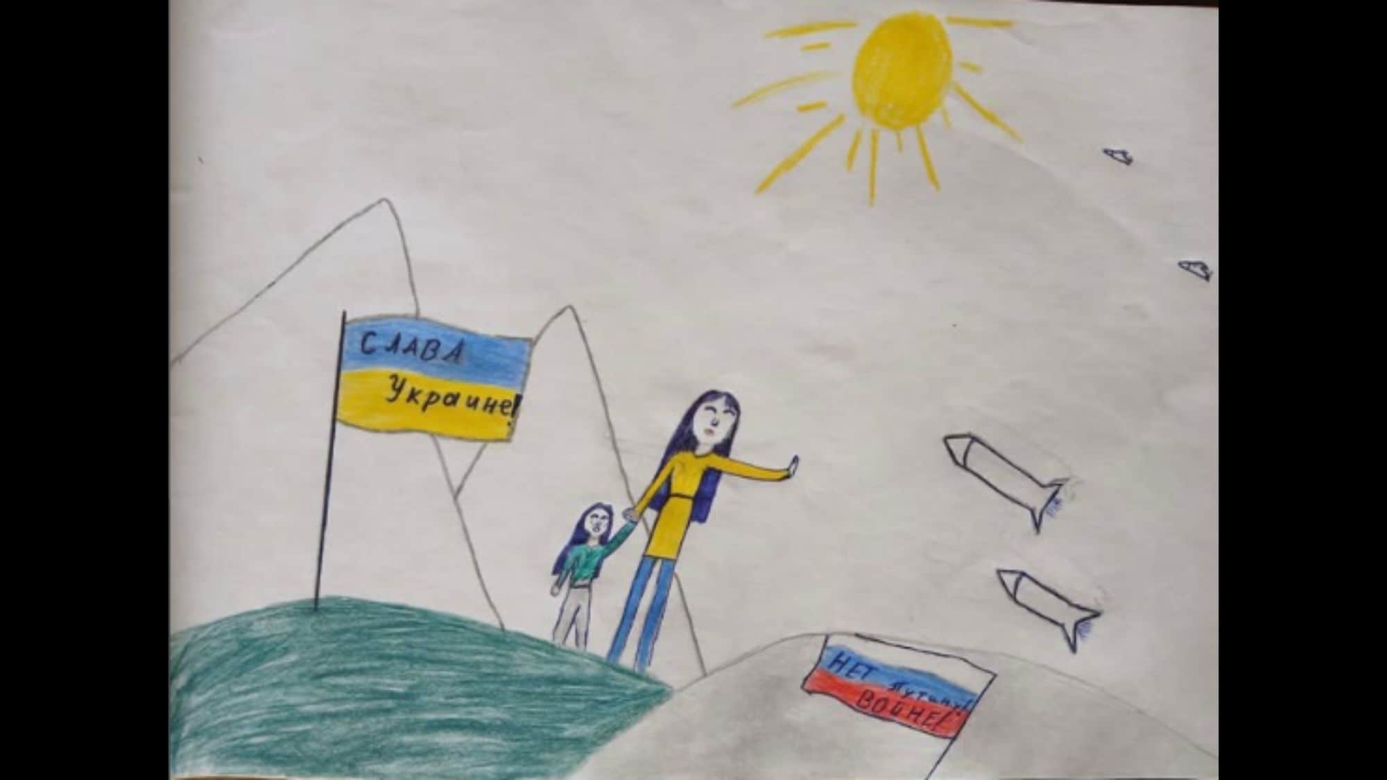 The anti-war drawing Masha made at school in 2022. (Instagram/@masha_m0skaleva) The anti-war drawing Masha made at school in 2022. (Instagram/@masha_m0skaleva)