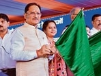 Chhattisgarh chief minister Vishnu Deo Sai inaugurates new passenger rail services at the railway station in Raipur on Tuesday. (@ChhattisgarhCMO)