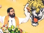 Eknath Shinde speaks during the Shiv Sena’s annual Dusshera rally at NESCO on Tuesday (Satish Bate/Hindustan Times)