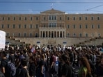 Students march in front of the Greek Parliament during a protest over rising housing costs and underfunded education, in solidarity with students in France and Spain, in Athens, Greece, October 21, 2026. REUTERS/Stelios Misinas