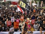 Demonstrators take part in a protest against the government's handling of wildfires and calling for an end to corruption, collusion and nepotism, marking two years of President Prabowo Subianto and Vice President Gibran Rakabuming Raka's administration, in Jakarta, Indonesia