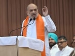 Minister of home affairs of India Amit Shah addressing the gathering during the Dussehra mela in Ludhiana on Tuesday. (Gurpreet Singh/HT)