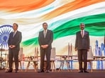 US Ambassador to India Sergio Gor, US Secretary of State Marco Rubio, External Affairs Minister S. Jaishankar and Foreign Secretary Vikram Misri at the 250th anniversary celebrations of American Independence, in Mumbai on Tuesday.
