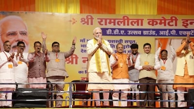 Prime Minister Narendra Modi greets during the Vijayadashami (Dussehra) celebrations at the DDA Utsav Ground, in New Delhi. (Narendra Modi Photo Gallery) Prime Minister Narendra Modi greets during the Vijayadashami (Dussehra) celebrations at the DDA Utsav Ground, in New Delhi. (Narendra Modi Photo Gallery)