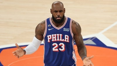 The broadcast caught LeBron James exchanging words with a fan in the stands. (Getty Images via AFP) The broadcast caught LeBron James exchanging words with a fan in the stands. (Getty Images via AFP)