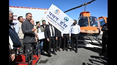 Chief minister Sukhvinder Singh Sukhu launches a helicopter service from Sanjauli Heliport in Shimla on Wednesday. (HT Photo)