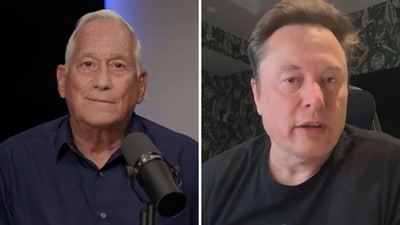 Walter Isaacson and Elon Musk interacting during a podcast. 