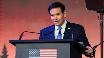 US secretary of state Marco Rubio speaks during a Freedom 250 reception at the Jio World Convention Centre in Mumbai. (Reuters)