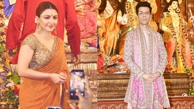 (L-R) Actor Soha Ali Khan and filmmaker Karan Johar at North Bombay Sarbojanin Durga Puja (L-R) Actor Soha Ali Khan and filmmaker Karan Johar at North Bombay Sarbojanin Durga Puja
