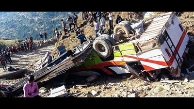 The wreckage of the bus that plunged into a gorge at Gulli Gala, in Udhampur on Wednesday. (ANI) The wreckage of the bus that plunged into a gorge at Gulli Gala, in Udhampur on Wednesday. (ANI)