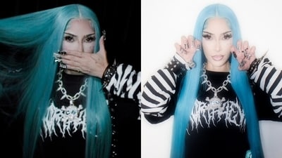 Kim Kardashian dresses up as her daughter North West for Halloween. Kim Kardashian dresses up as her daughter North West for Halloween.