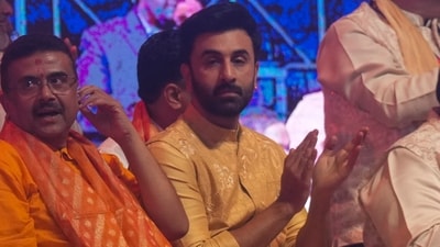 Ranbir Kapoor with West Bengal Chief Minister Suvendu Adhikari during Dussehra celebrations in Kolkata.
