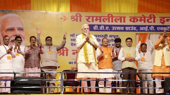 Prime Minister Narendra Modi greets during the Vijayadashami (Dussehra) celebrations at the DDA Utsav Ground, in New Delhi. (Narendra Modi Photo Gallery)