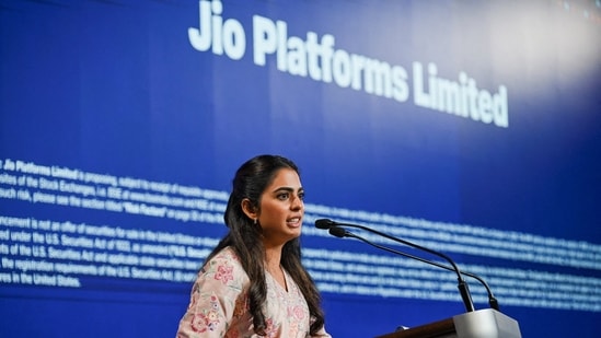 Isha Ambani, non-executive director of Jio Platforms Ltd. addresses during a Jio Platforms Ltd. IPO press conference in Mumbai. (REUTERS)