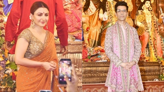 (L-R) Actor Soha Ali Khan and filmmaker Karan Johar at North Bombay Sarbojanin Durga Puja