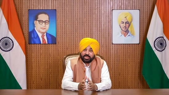 Punjab Chief Minister Bhagwant Mann addresses a press conference on Union Home Minister Amit Shah's visit to the state in Chandigarh. (@BhagwantMannOfficial/ X)