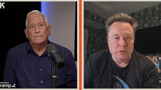 Walter Isaacson and Elon Musk interacting during a podcast. (YouTube/The Builders)