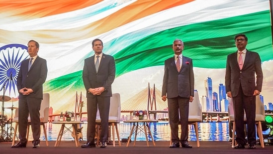 US Ambassador to India Sergio Gor, US Secretary of State Marco Rubio, External Affairs Minister S. Jaishankar and Foreign Secretary Vikram Misri at the 250th anniversary celebrations of American Independence, in Mumbai on Tuesday.