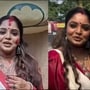 সিঁদুর, লাল টিপে সেজে মা দুর্গাকে বরণ করলেন অনিন্দিতা। 